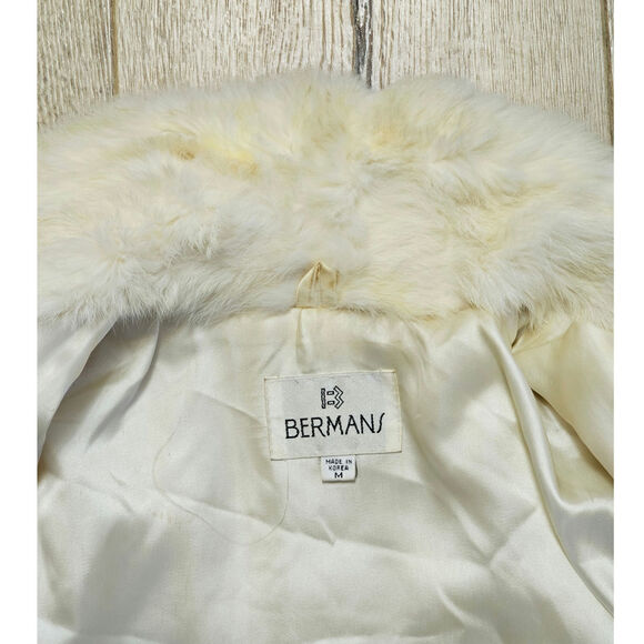 Vtg White Cream Rabbit Fur Coat Cropped Cream Satin Lined Glam Mob Wife Club M - Picture 12 of 16